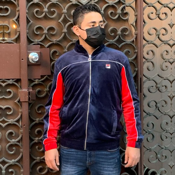 Men's Fila Navy Red Velour Track Jacket - Picture 2 of 6